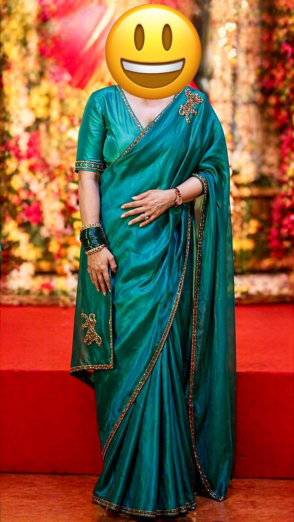 Teal Organza Silk Saree | Gold Tiger Motif, Zari Detailing (Ready to Wear)