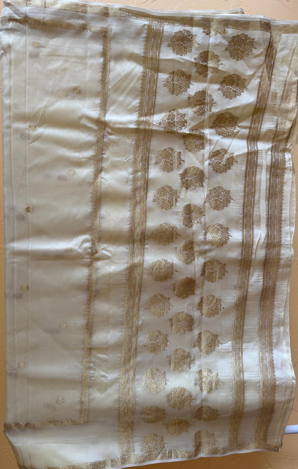 Pearl White Crepe Saree | Antique Zari Border, Butti Motifs (Fall Pico Included)