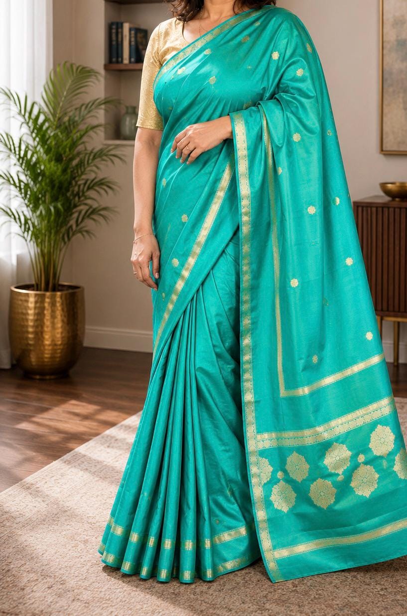 Turquoise Crepe Saree with Gold Zari Border | Festive Wedding Wear (Fall & Pico Done)