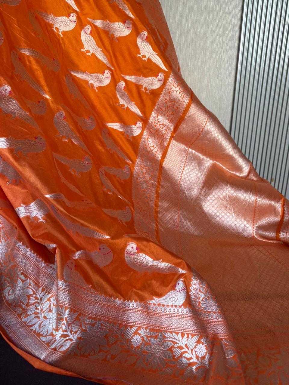 Tangerine Orange Katan Silk Saree | Gold Zari Border, Lace Trim, Ready-to-Wear Blouse