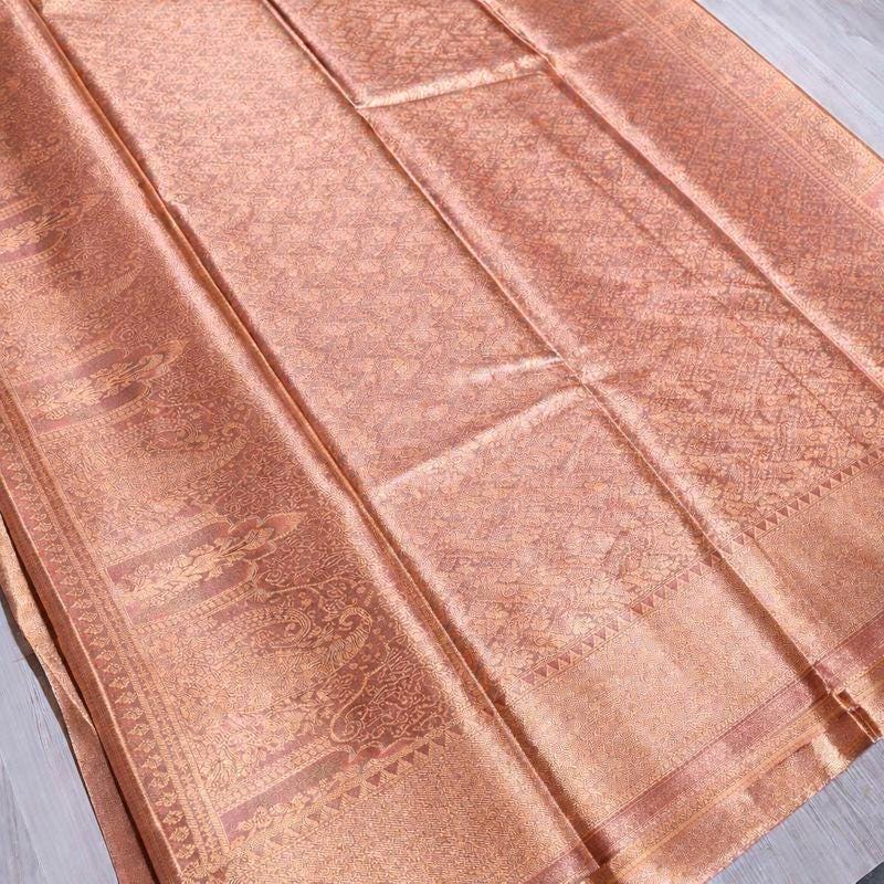 Rose Gold Kanjeevaram Tissue Saree | Metallic Glow Wedding Wear (Fall Pico Included)