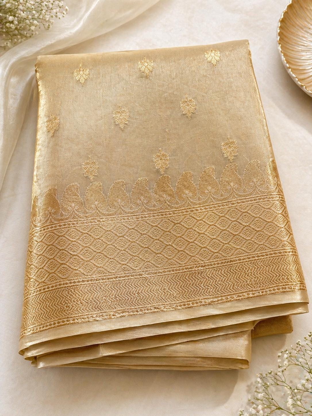 Light Gold Tissue Silk Saree with Zari Border | Banarasi Wedding Festive Saree