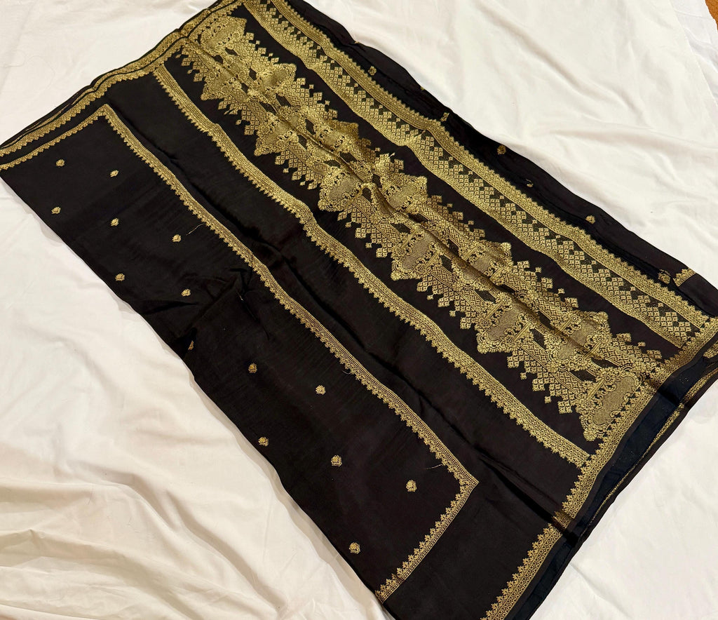 Midnight Black Crepe Saree | Antique Zari Border, Butti Motifs (Fall Pico Included)