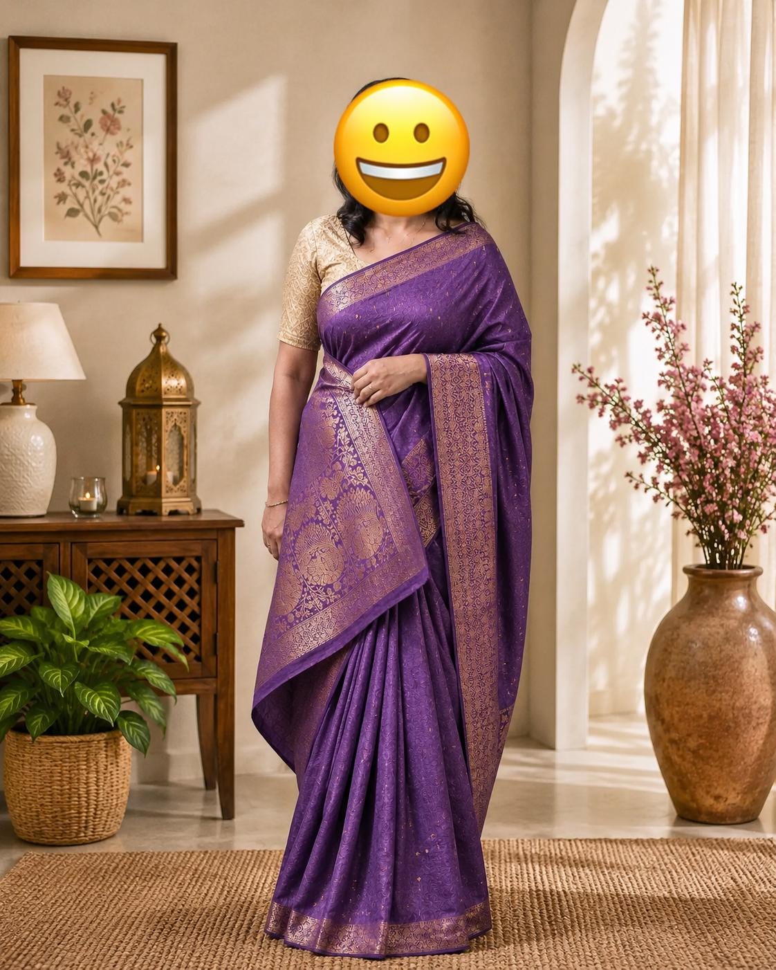 Light Eggplant Tussar Silk Saree | Gold Zari Border (Fall and Pico Included, Ships USA)