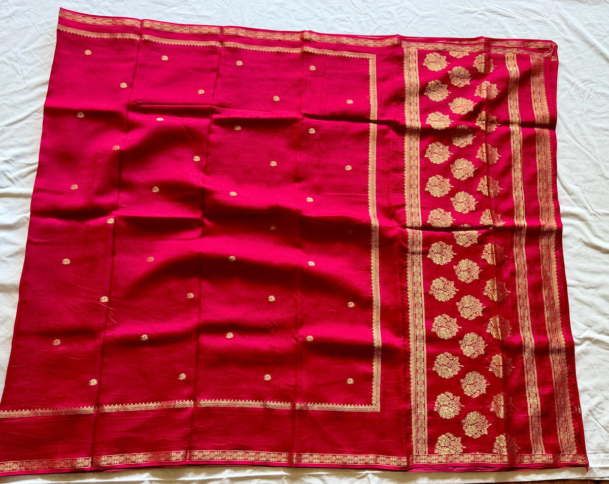 Hot Pink Crepe Saree with Gold Zari Border | Festive Wedding Wear (Fall Pico Done)