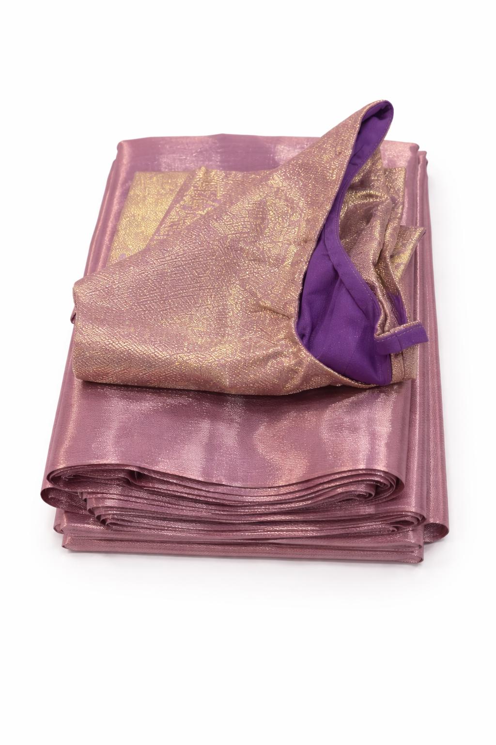 Lilac Kanjeevaram Soft Tissue Saree | Gold Sheen Wedding Guest Outfit (Fall & Pico Included)