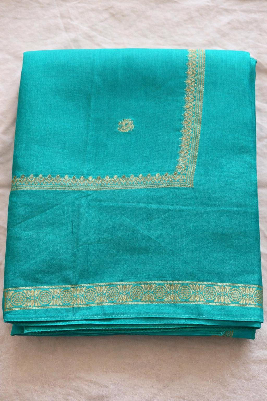 Turquoise Crepe Saree with Gold Zari Border | Festive Wedding Wear (Fall & Pico Done)