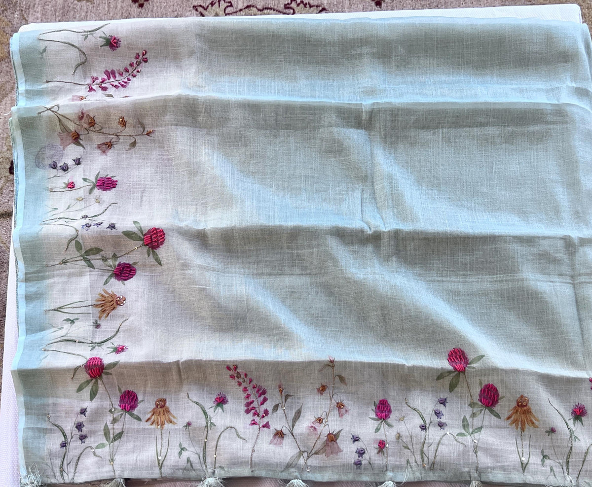 Light Blue Linen Saree | Hand-Embroidered Floral Summer Indian Saree (Ships USA)