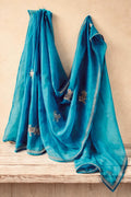 Teal Organza Silk Saree | Gold Tiger Motif, Zari Detailing (Ready to Wear)