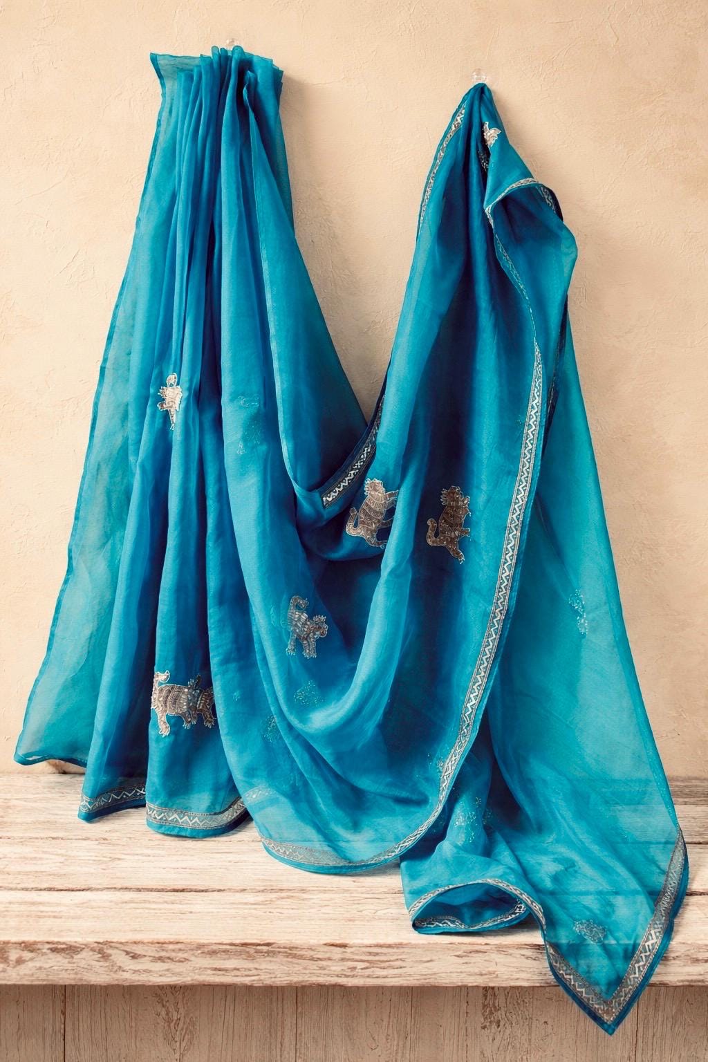 Teal Organza Silk Saree | Gold Tiger Motif, Zari Detailing (Ready to Wear)
