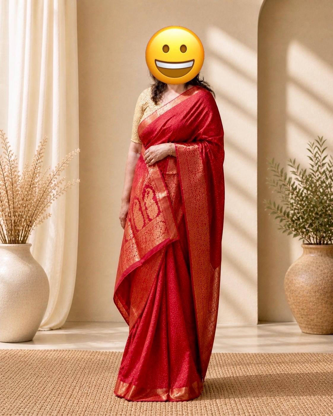 Red Tussar Silk Saree | Gold Zari Border, Wedding Wear (Fall Pico Included)