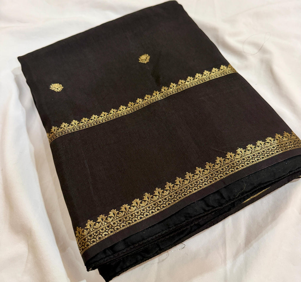 Midnight Black Crepe Saree | Antique Zari Border, Butti Motifs (Fall Pico Included)
