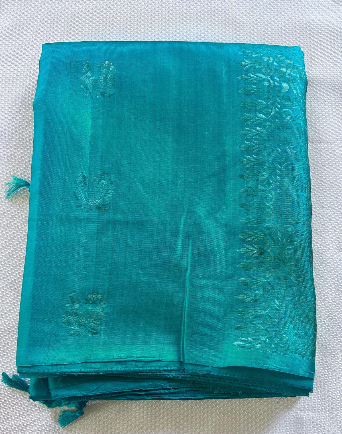 Pure Silk Teal Saree with Gold Border | Festive Wedding Ethnic Wear (Fall Pico Included)