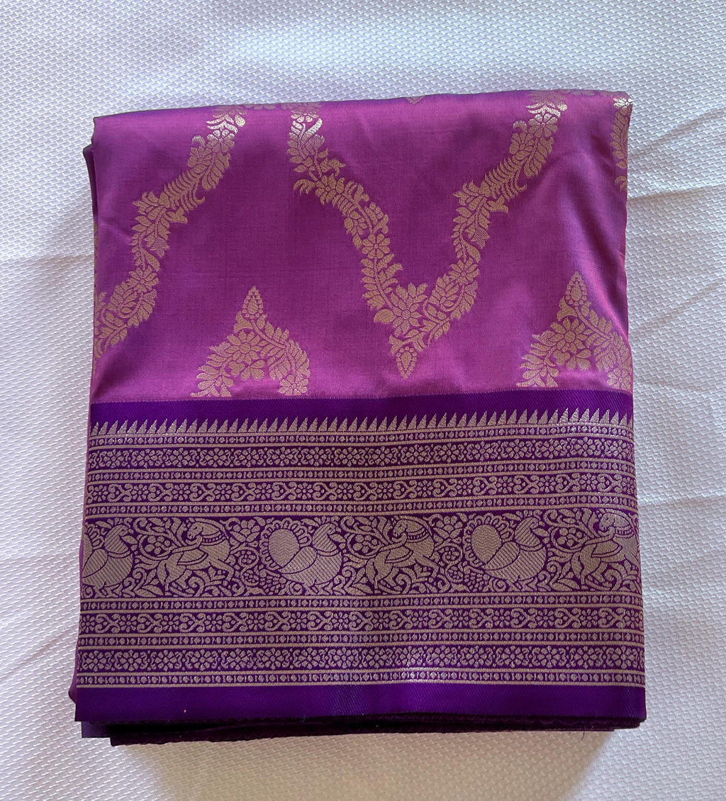 Plum Kanjeevaram Silk Saree | Mustard Gold Zari Woven Waves, Contrast Border (Ships USA)