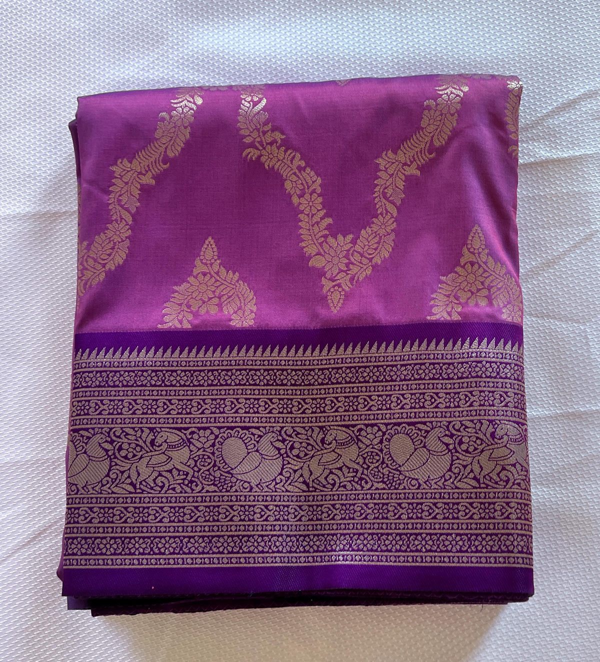 Plum Kanjeevaram Silk Saree | Mustard Gold Zari Woven Waves, Contrast Border (Ships USA)