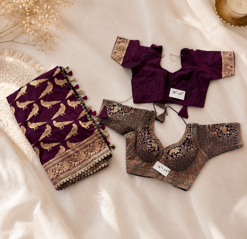 Purple Banarasi Bird Motif Saree with Blouse | Ananya Pandey Inspired Saree | Festive Wedding Saree (Fall and Pico Included, Ships USA)