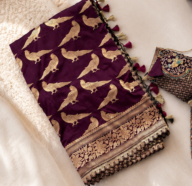 Purple Banarasi Bird Motif Saree with Blouse | Ananya Pandey Inspired Saree | Festive Wedding Saree (Fall and Pico Included, Ships USA)