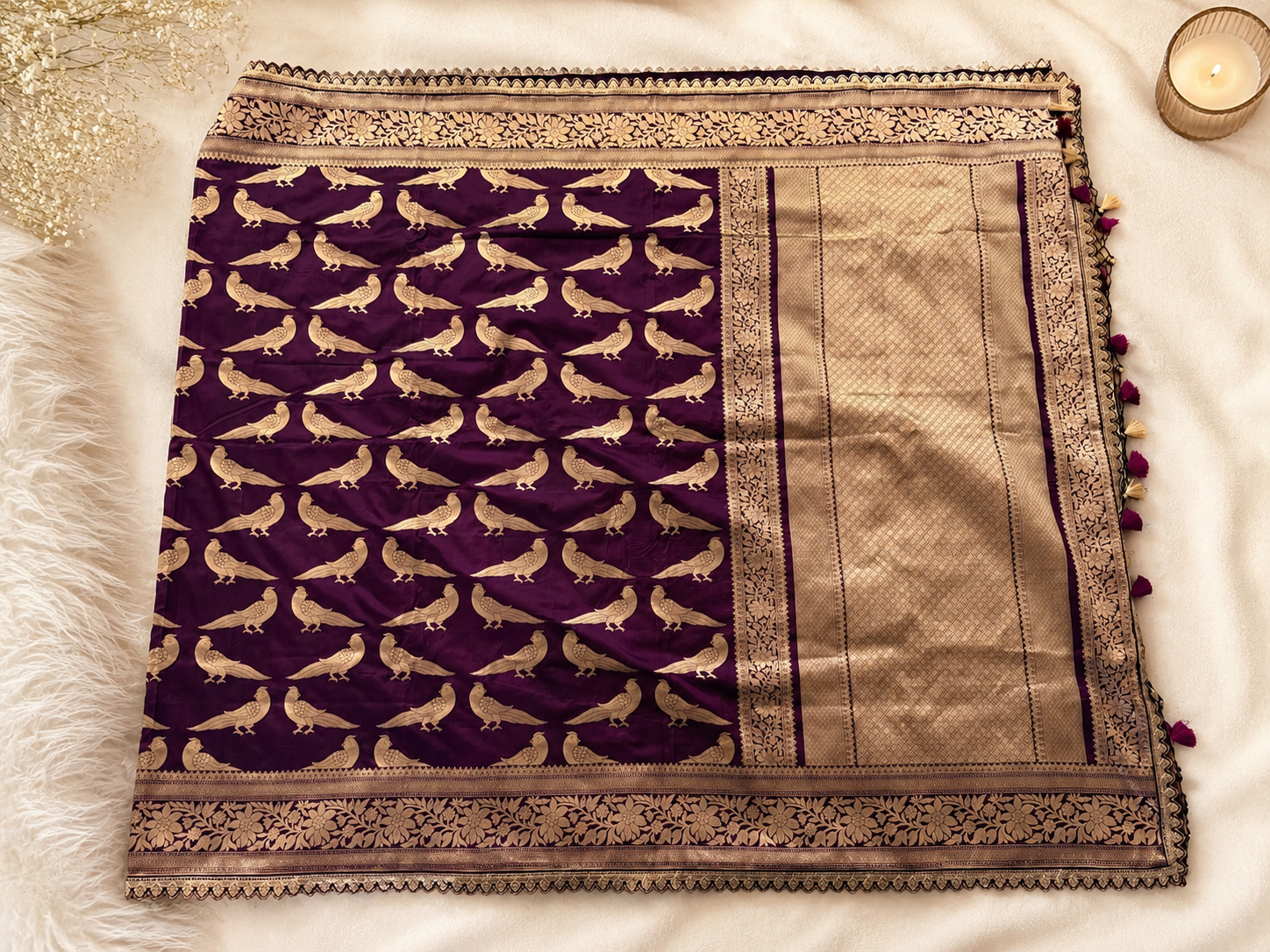 Purple Banarasi Bird Motif Saree with Blouse | Ananya Pandey Inspired Saree | Festive Wedding Saree (Fall and Pico Included, Ships USA)