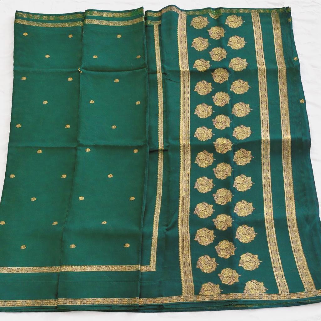 Temple Green Crepe Saree | Gold Zari Border, Festive Wedding Wear (Fall & Pico Done)
