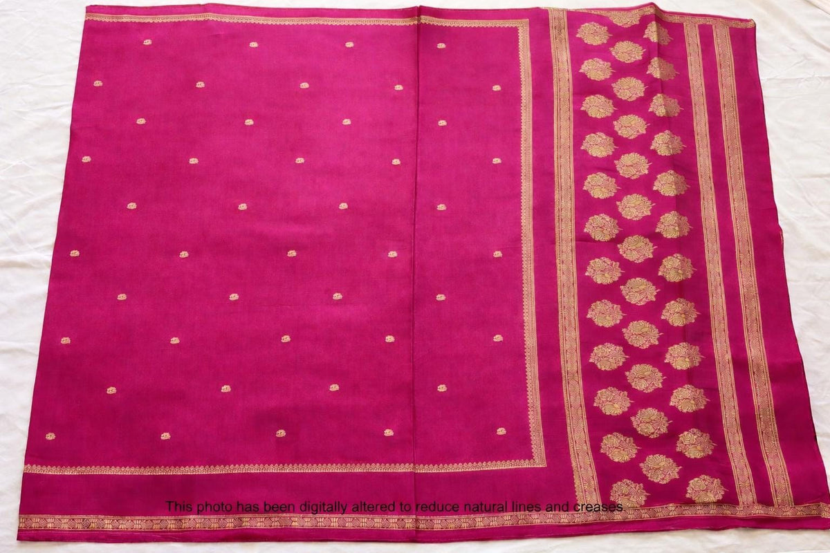 Fuchsia Pink Crepe Saree | Gold Zari Border, Butti Detailing (Fall & Pico Included)
