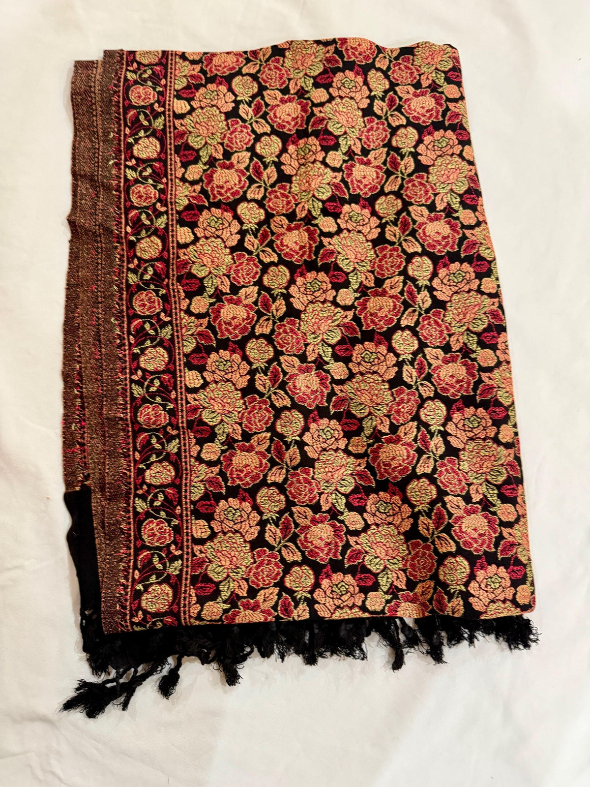 Floral Reversible Shawl | Black & Peach Stole, Evening Wrap | Warm Stole (Ships USA)