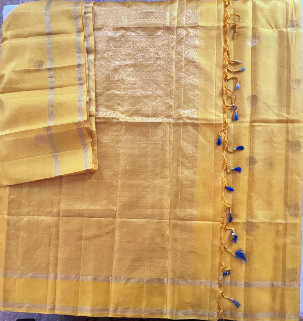 Pure Silk Saree | Turmeric Yellow Gold Border | Festive Indian Ethnic Wear (Fall Pico Included)