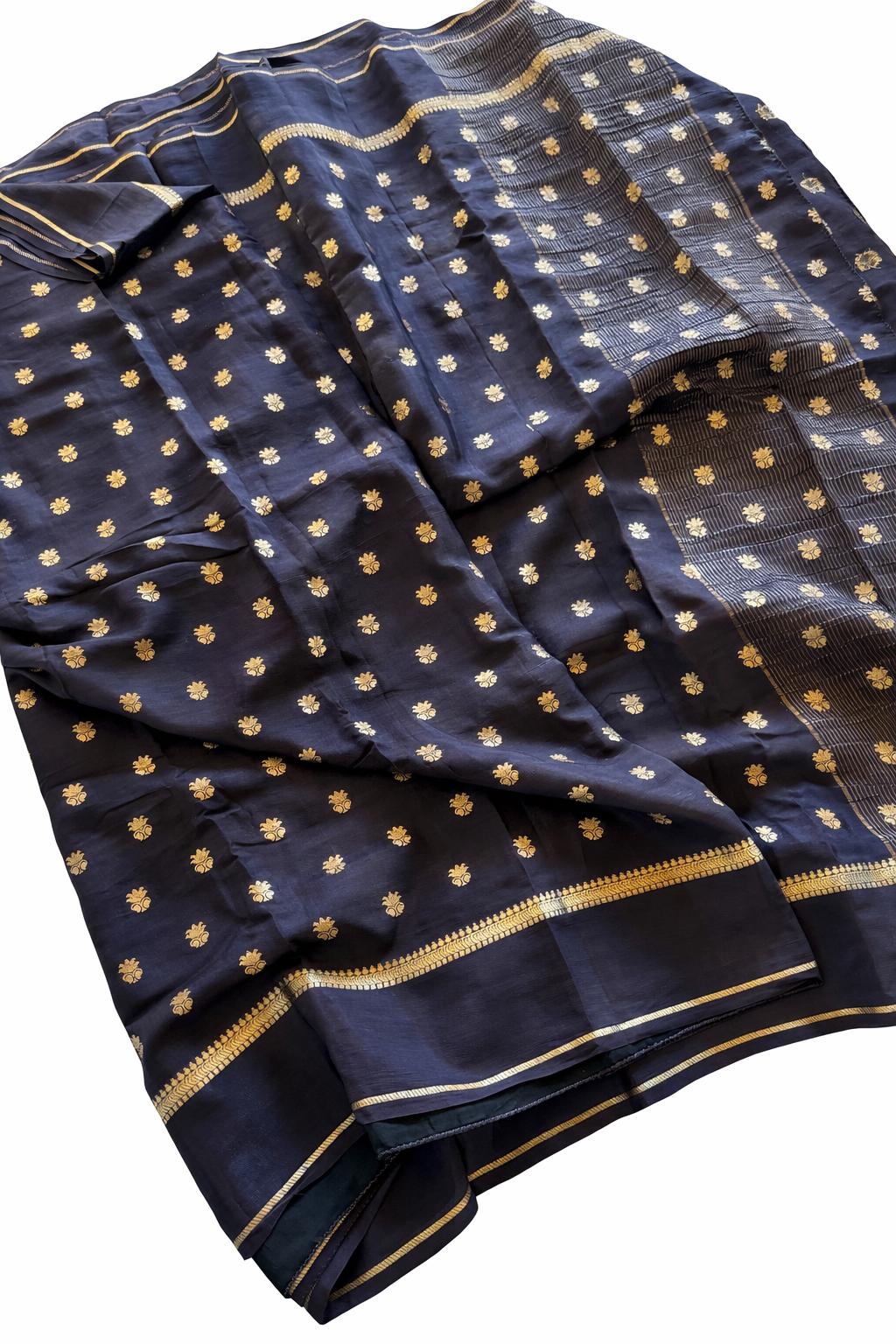 Black Semi Silk Saree with Gold Zari Buti (Fall and Pico Included, Ships USA)