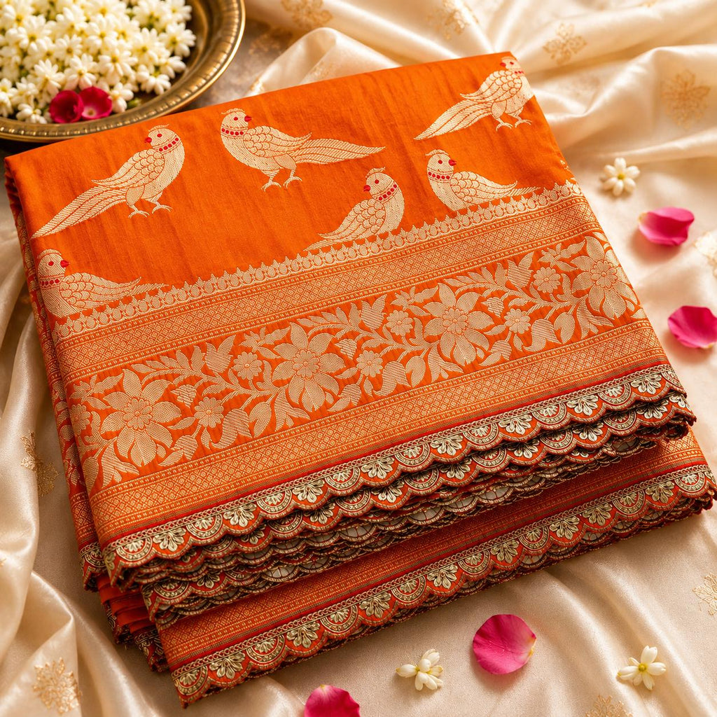 Tangerine Orange Katan Silk Saree | Gold Zari Border, Lace Trim, Ready-to-Wear Blouse