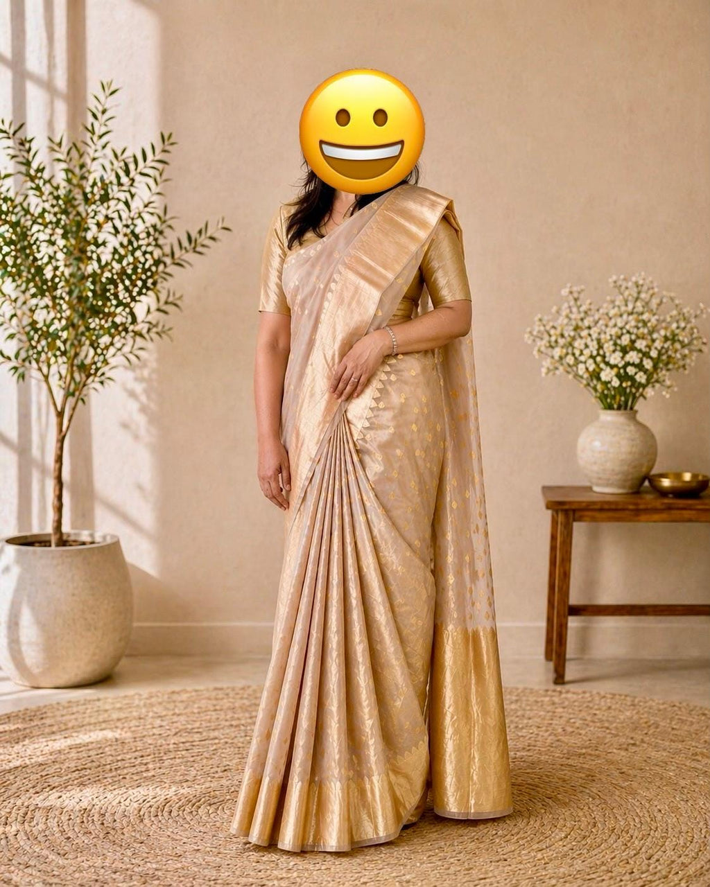Light Gold Tissue Silk Saree with Zari Border | Banarasi Wedding Festive Saree