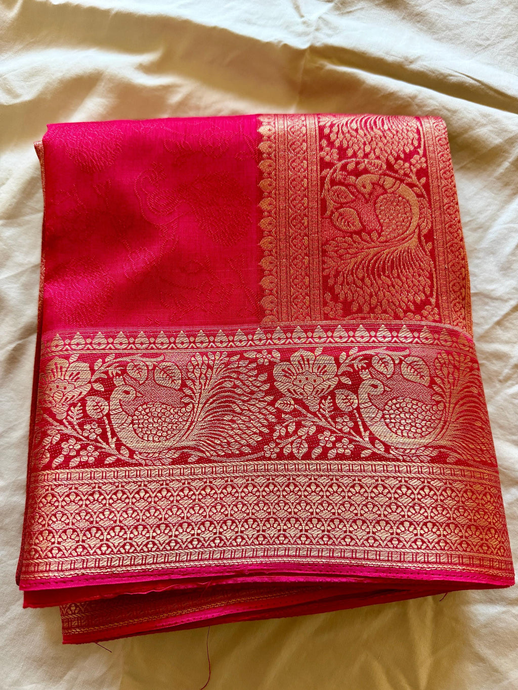 Red Tussar Silk Saree | Gold Zari Border, Wedding Wear (Fall Pico Included)
