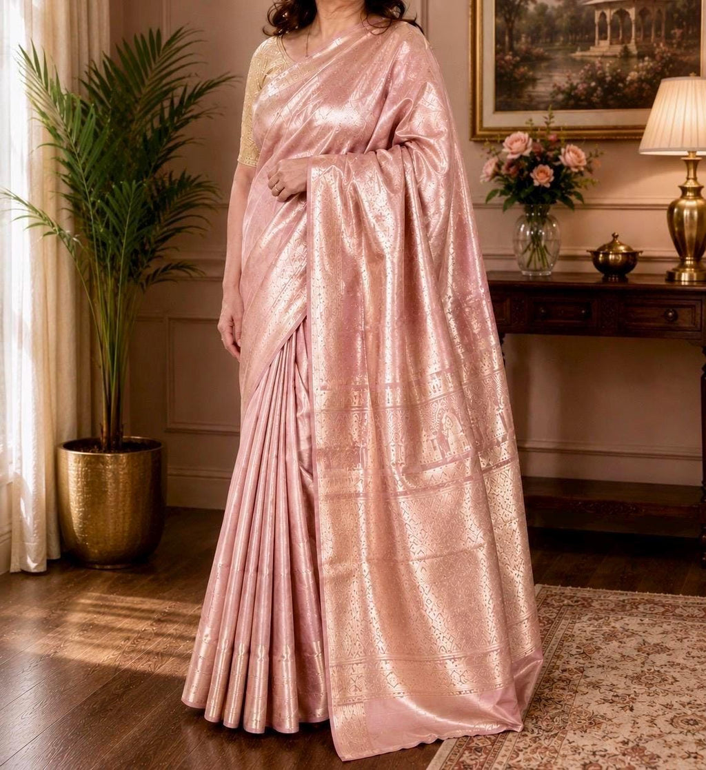 Rose Gold Kanjeevaram Tissue Saree | Metallic Glow Wedding Wear (Fall Pico Included)