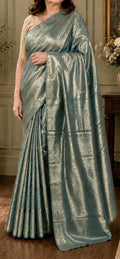 Smoky Blue Gray Kanjeevaram Soft Tissue Saree | Elegant Wedding Guest Outfit (Fall & Pico Included)