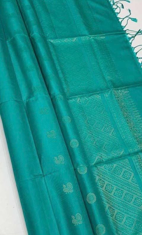 Pure Silk Teal Saree with Gold Border | Festive Wedding Ethnic Wear (Fall Pico Included)